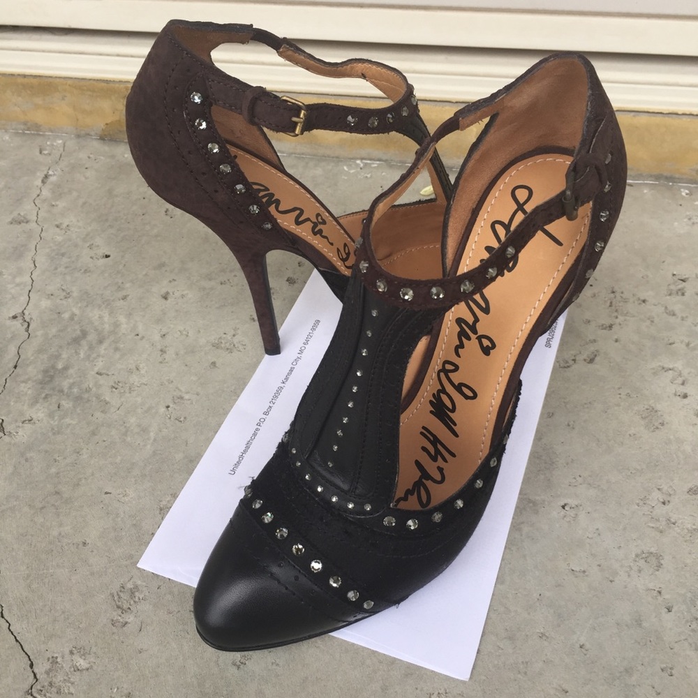 HP💝Vintage New LANVIN blk & brn satin & leather with rhinestones HEELS - Picture 4 of 13